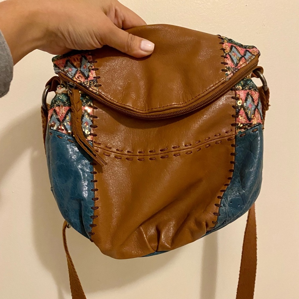 The Sak brown leather and fabric crossbody bag
